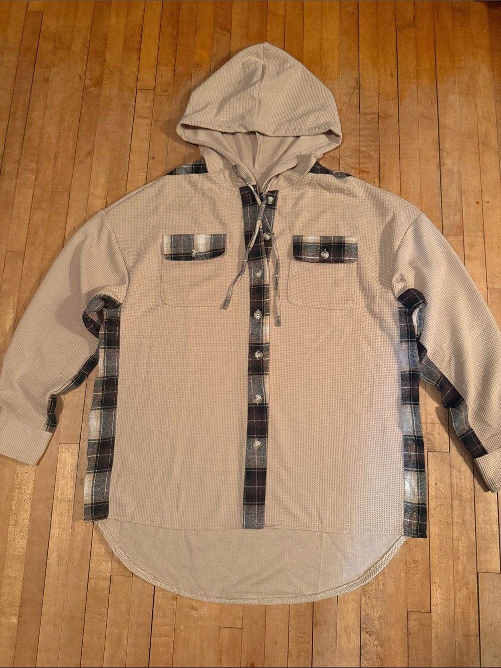 Beige Button-Up Hooded Top with Dark Plaid Trim